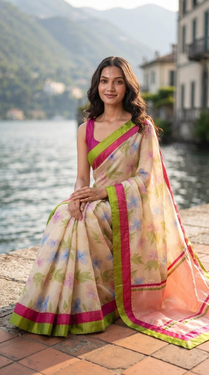 A full-length view of a woman sitting on a stone terrace wall with a scenic lake and mountains in the background, beautifully displaying the fluid fall of her cream digital print silk saree