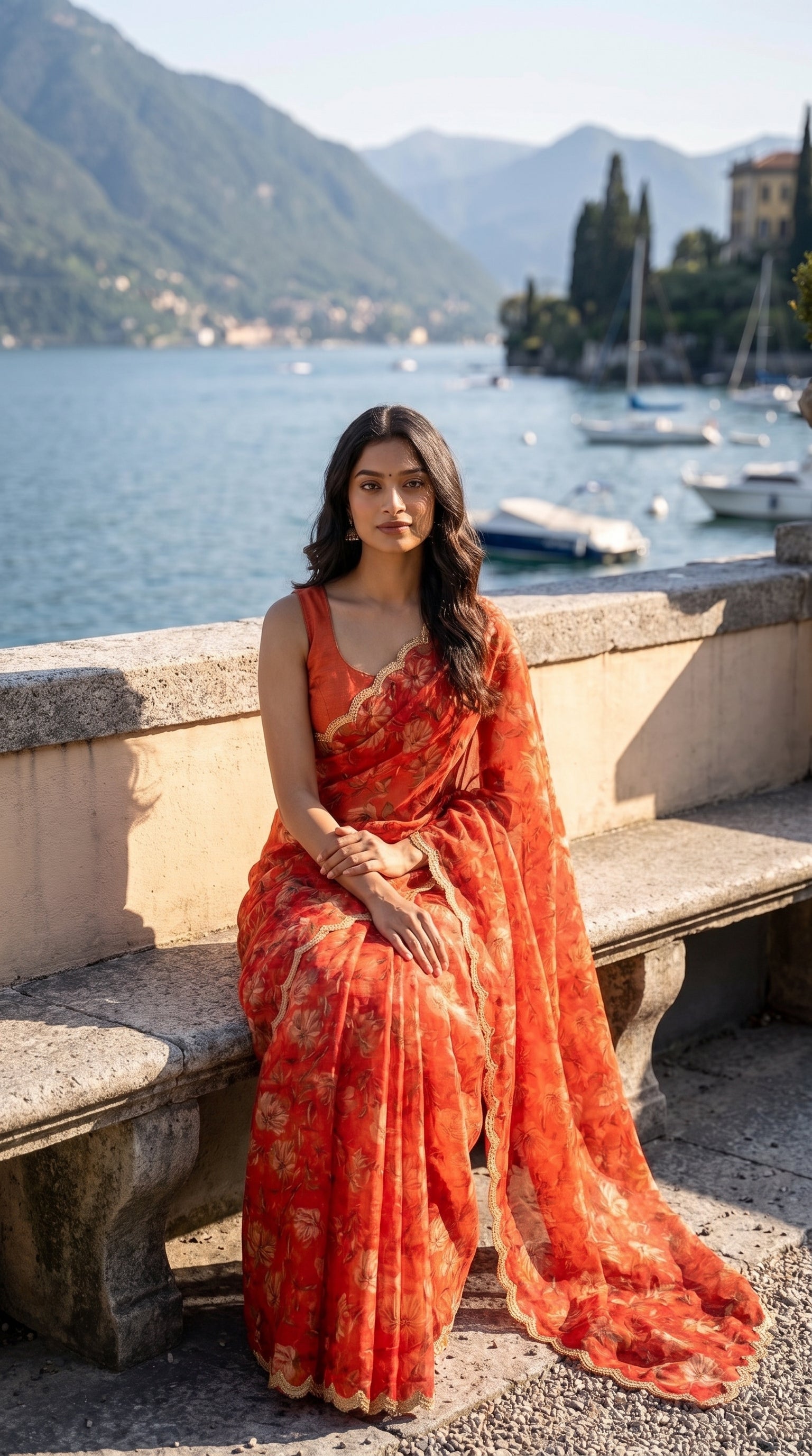 A full-length view of a woman sitting on a stone terrace wall with a scenic lake and mountains in the background, beautifully displaying the fluid fall and golden scalloped lace trim of her burnt orange digital print saree
