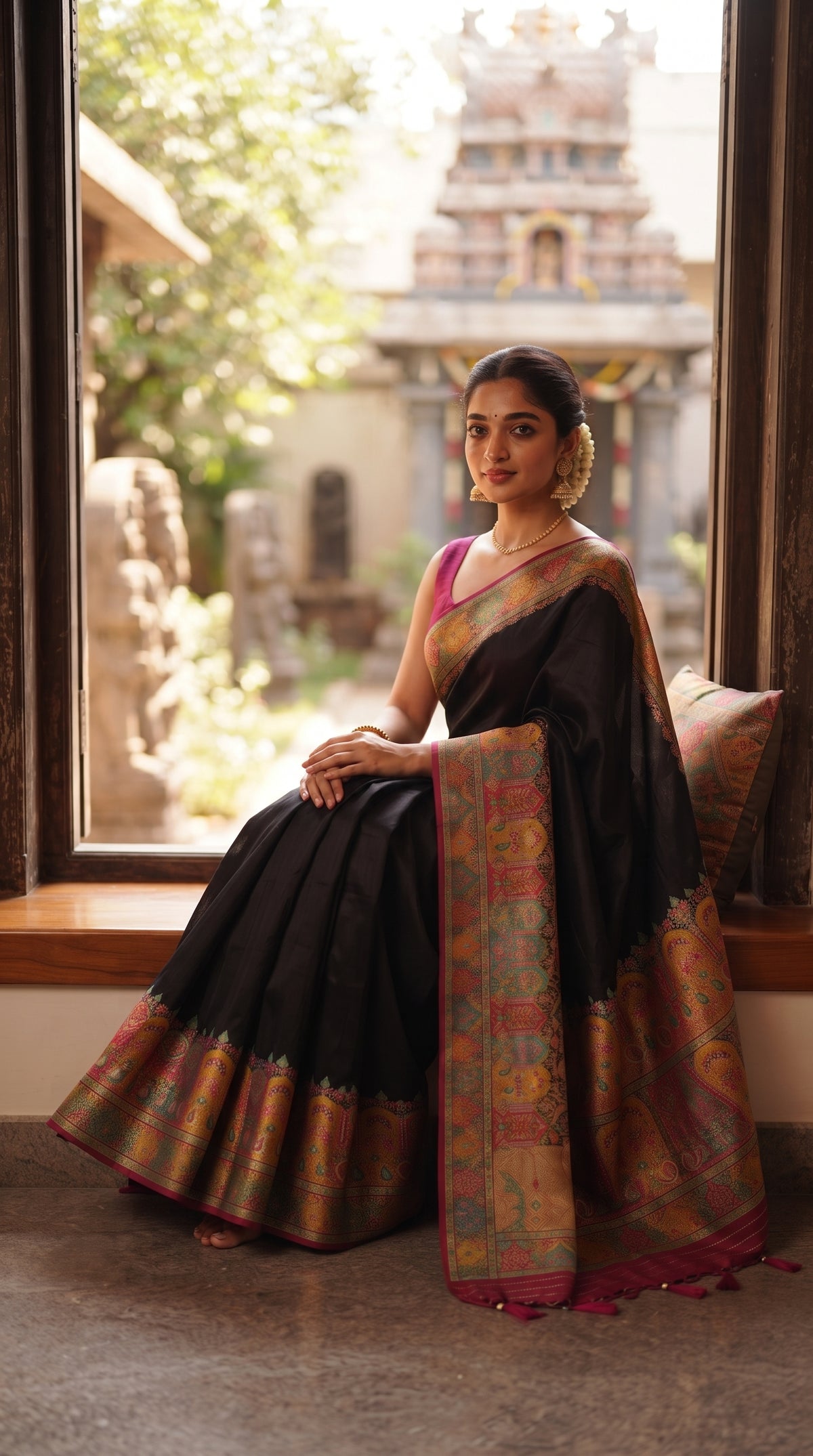 A full-length portrait of a woman sitting on a wooden window bench with an ancient temple structure blurred outdoors, displaying her black Kani silk saree draped elegantly across the wooden frame