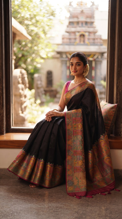 A full-length portrait of a woman sitting on a wooden window bench with an ancient temple structure blurred outdoors, displaying her black Kani silk saree draped elegantly across the wooden frame