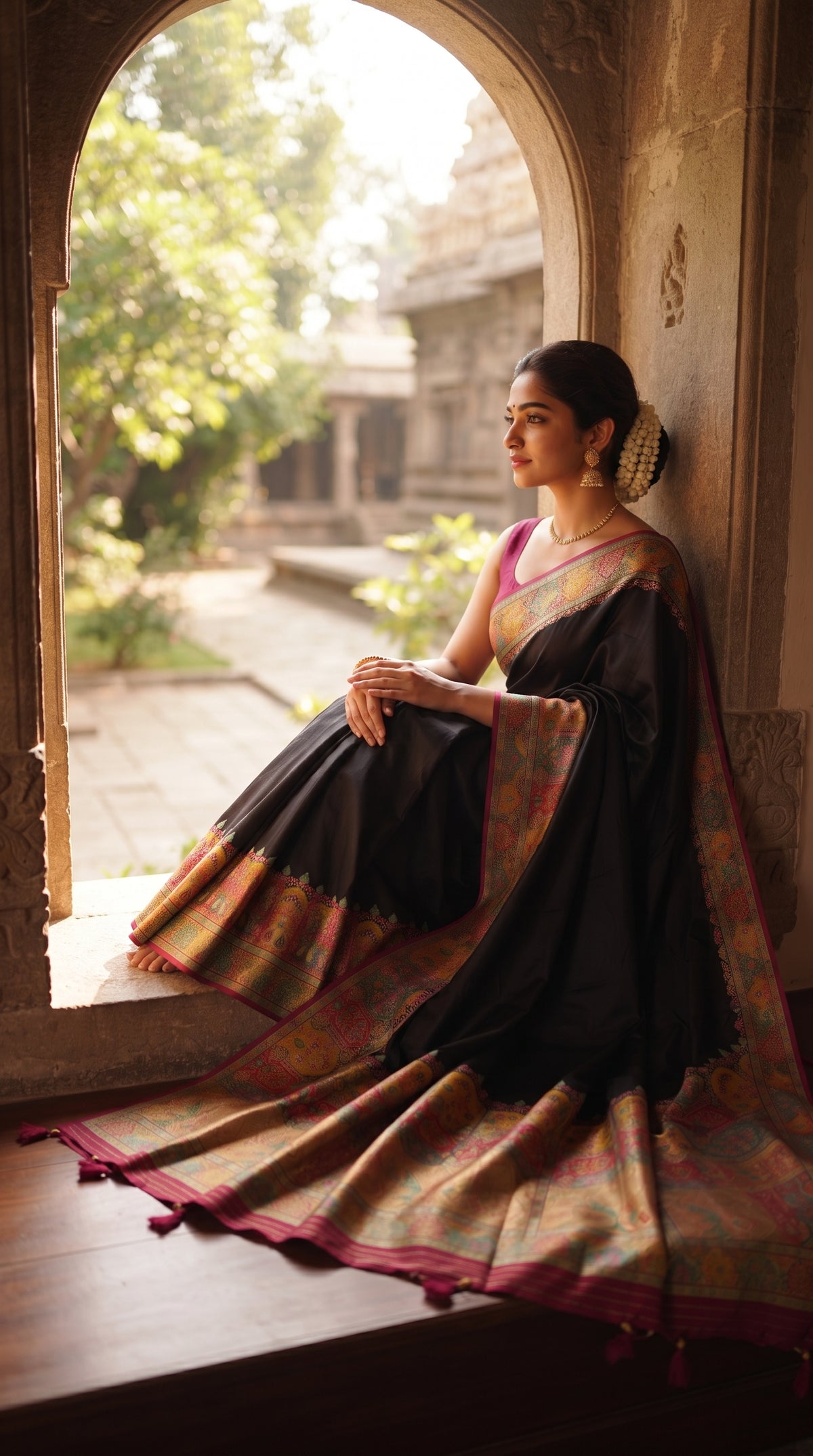 "A side profile shot of a woman with a fresh gajra hair decoration sitting gracefully on a stone arched window sill, highlighting the soft luster and detailed multi-color Kani embroidery of her black silk saree