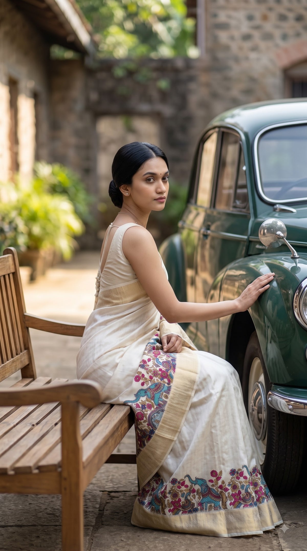 Pure Silk Saree with Digital Print & French Knot Kantha-Stitched - Cream