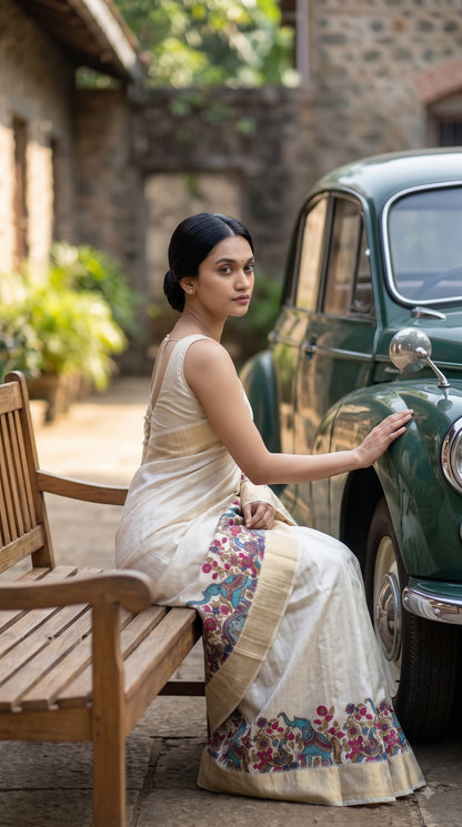 Pure Silk Saree with Digital Print & French Knot Kantha-Stitched - Cream