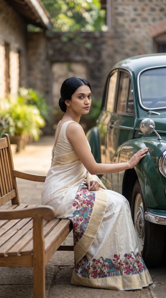 Pure Silk Saree with Digital Print & French Knot Kantha-Stitched - Cream