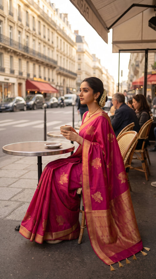 A portrait of a woman with a fresh gajra hair decoration sitting at an outdoor table on a classic Paris street café, holding a teacup while beautifully displaying the bold gold zari motifs and borders of her magenta crepe silk saree