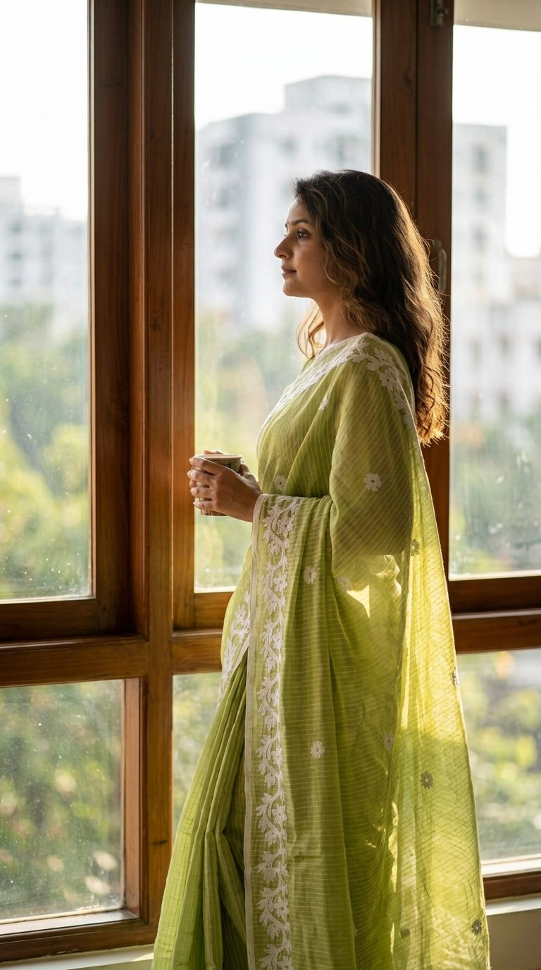 Green Cotton Saree with Applique Border