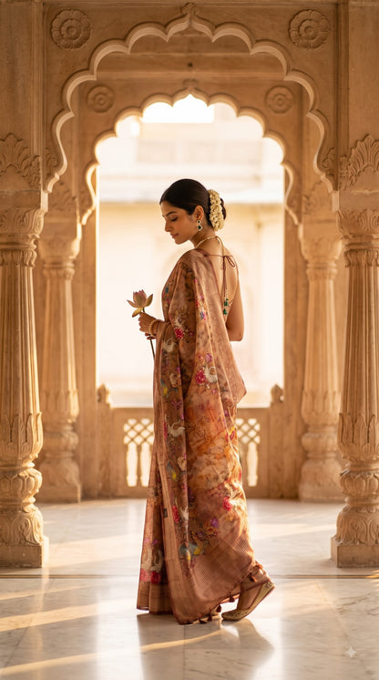 Pure Silk Saree with Digital Print & French Knot Kantha-Stitched - Mauve