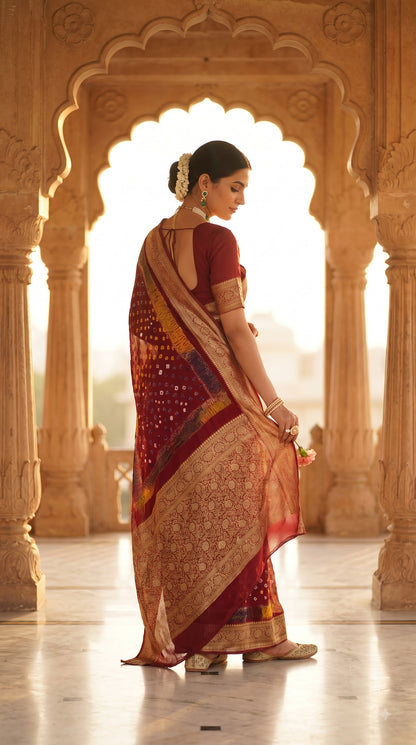 Art Silk Bandhani with Shibori & Zari Border - Maroon