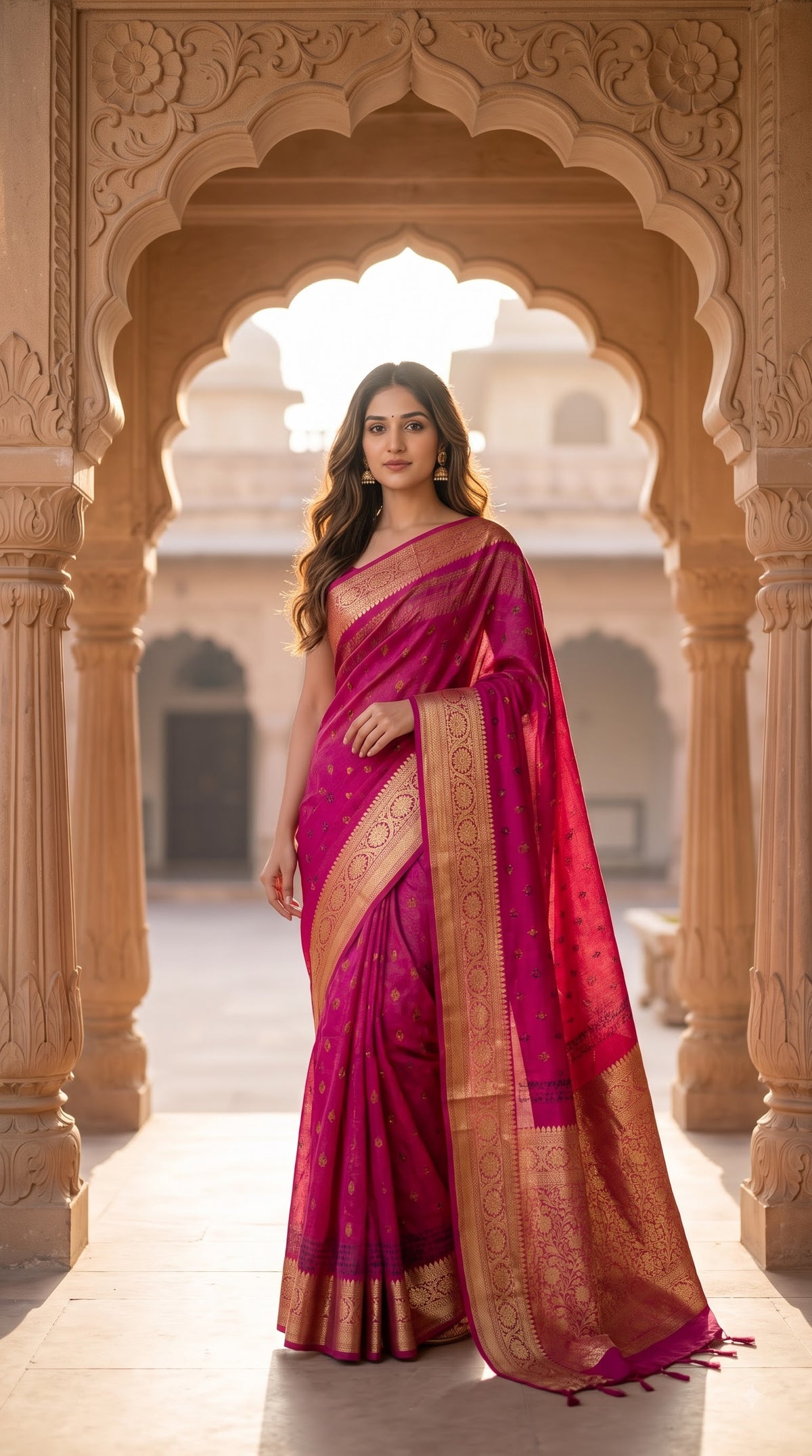 Art Silk Bandhani with Shibori & Zari Border - Magenta