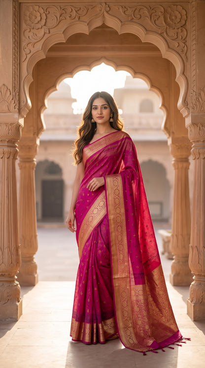 Art Silk Bandhani with Shibori & Zari Border - Magenta