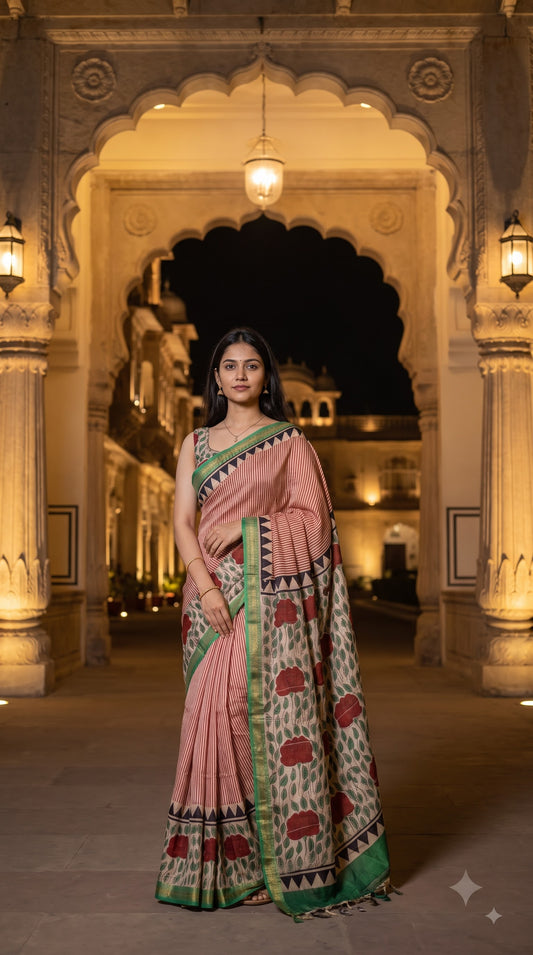 Maheshwari Silk Saree with Stripes - Red & Green