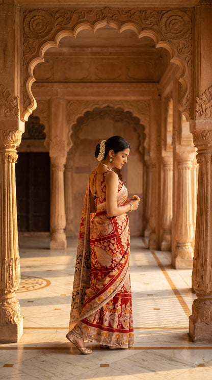 Printed Kalamkari Silk Saree - Red & Yellow