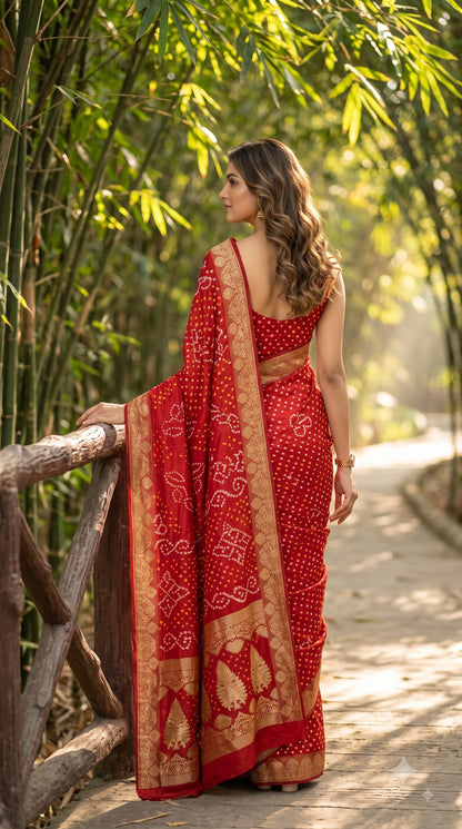 Art Silk Bandhani with Golden Zari - Red