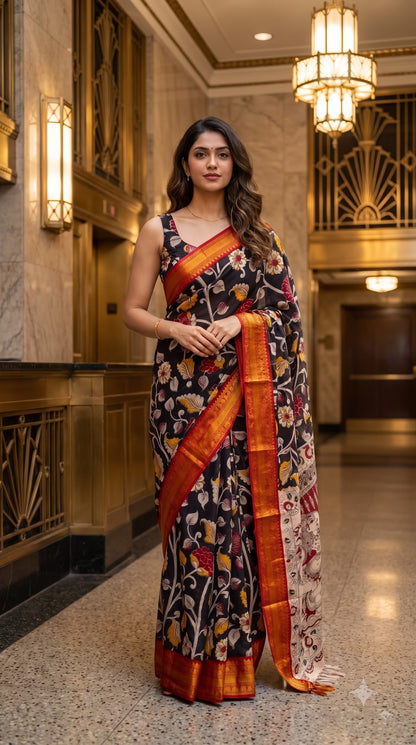 Kanchi Border Kalamkari Silk Saree - Black with Red