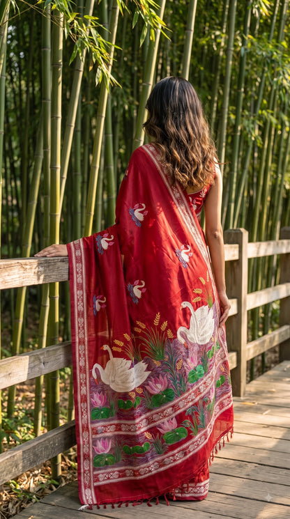 Pure Silk Saree with Kantha-Stitched - Maroon