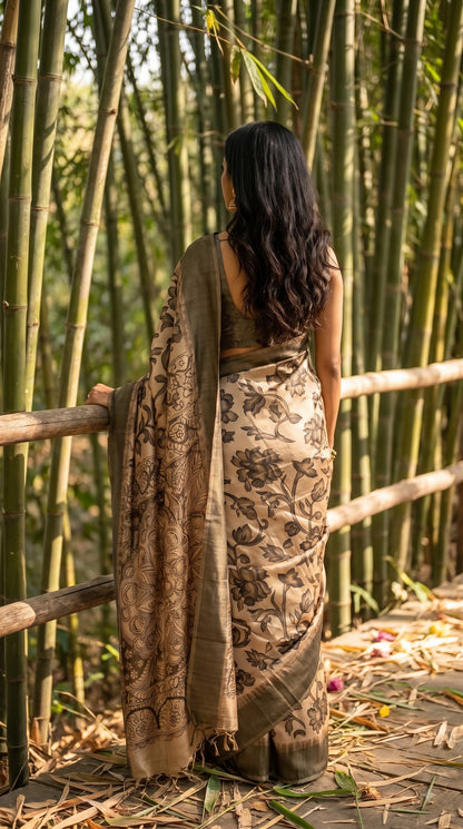 Kalamakari Silk Saree with Kaddi Border - Grey