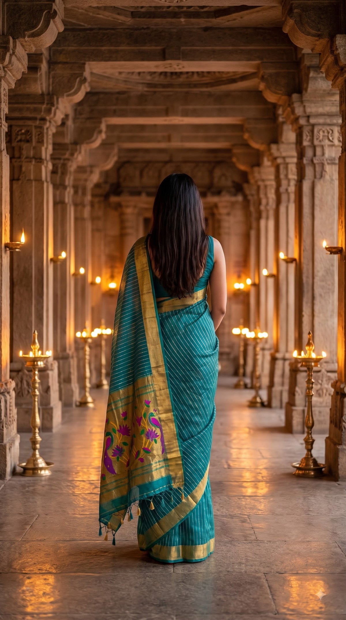 Organza Saree with Paithani Pallu - Rama Green