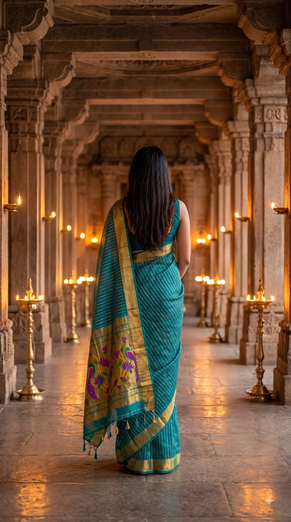 Organza Saree with Paithani Pallu - Rama Green