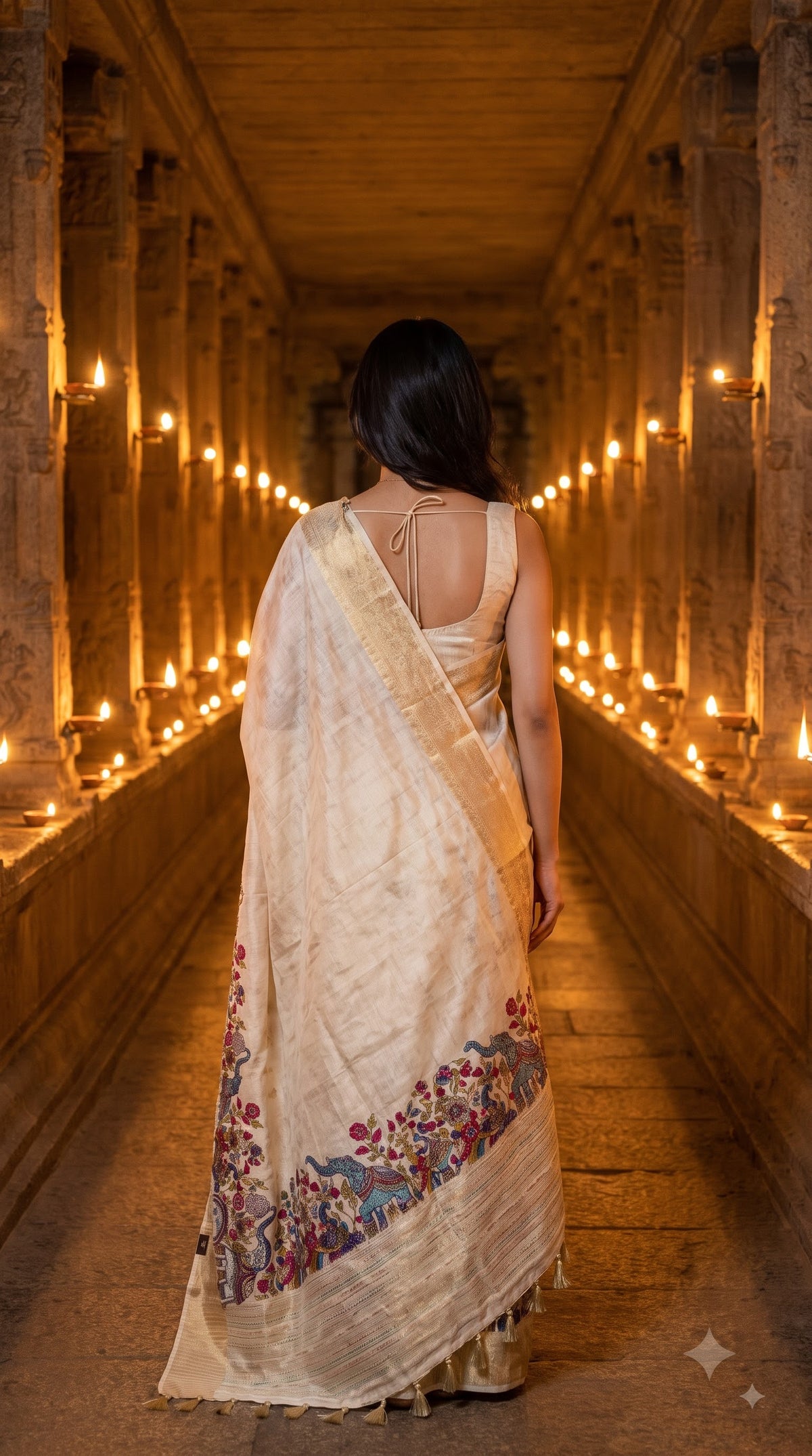 Pure Silk Saree with Digital Print & French Knot Kantha-Stitched - Cream