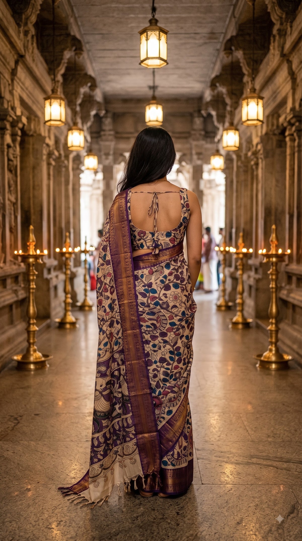 Kanchi Border Kalamkari Silk Saree - Beige with Purple