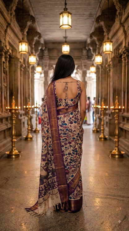 Kanchi Border Kalamkari Silk Saree - Beige with Purple