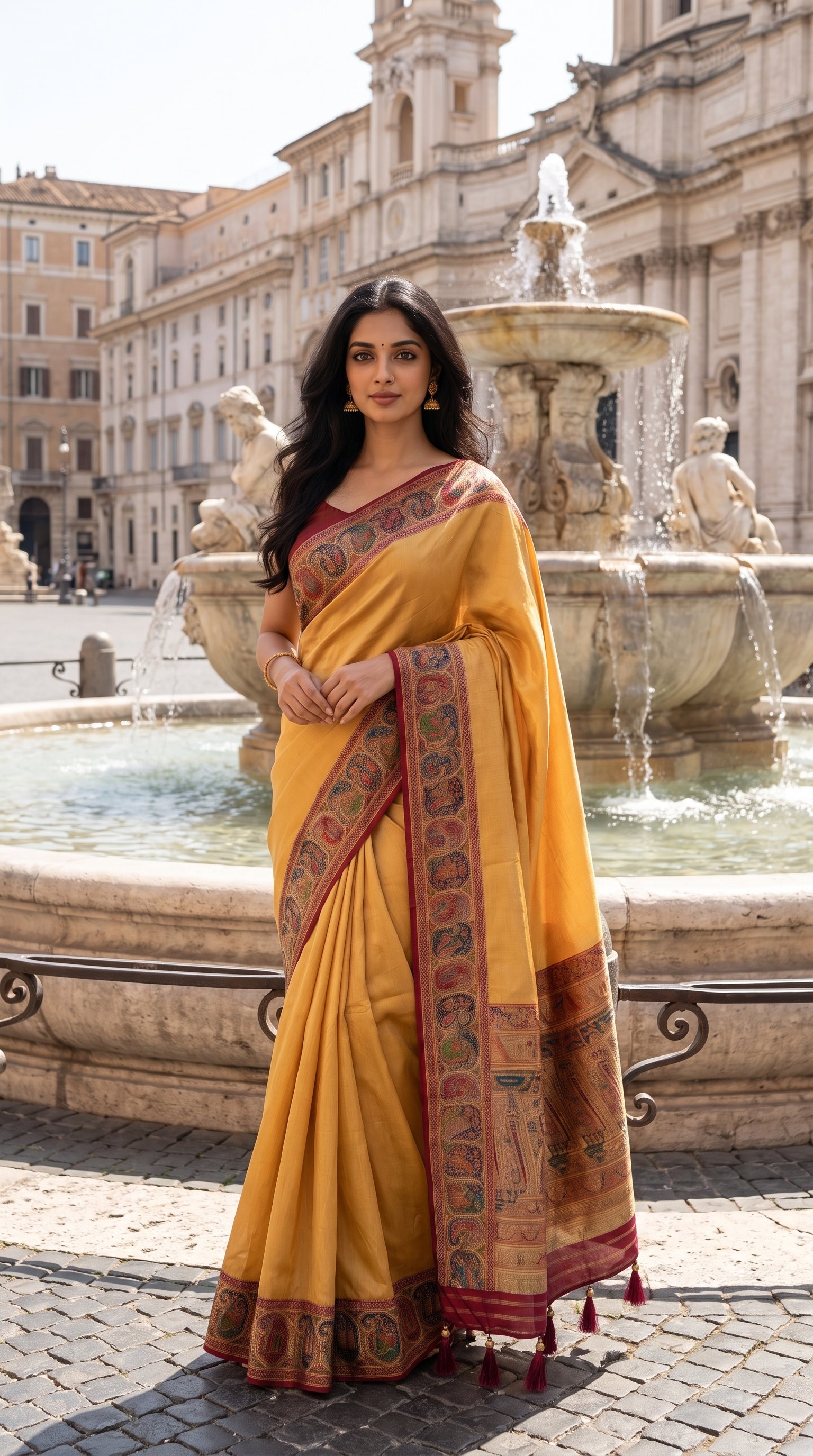 A front portrait of a woman standing gracefully in front of a historic European stone fountain, displaying the elegant drape and detailed multicolored Kani borders of her warm honey-beige silk saree