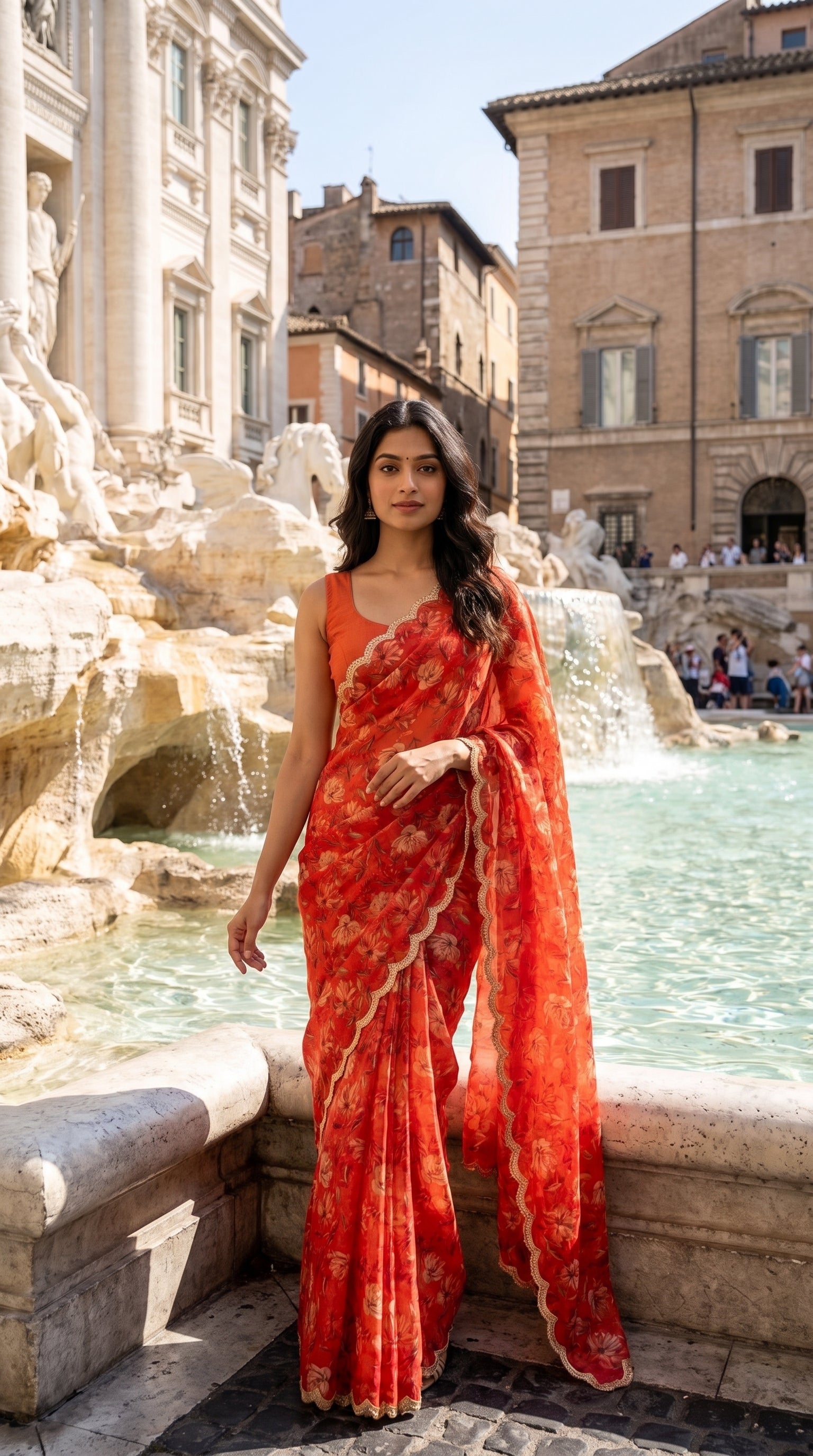 A full-length front portrait of a woman standing near a grand historic stone fountain, showcasing the clean structured pleats, solid canvas tone, and subtle gold lace trim of her burnt orange printed chiffon saree