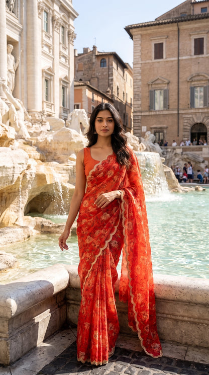 A full-length front portrait of a woman standing near a grand historic stone fountain, showcasing the clean structured pleats, solid canvas tone, and subtle gold lace trim of her burnt orange printed chiffon saree