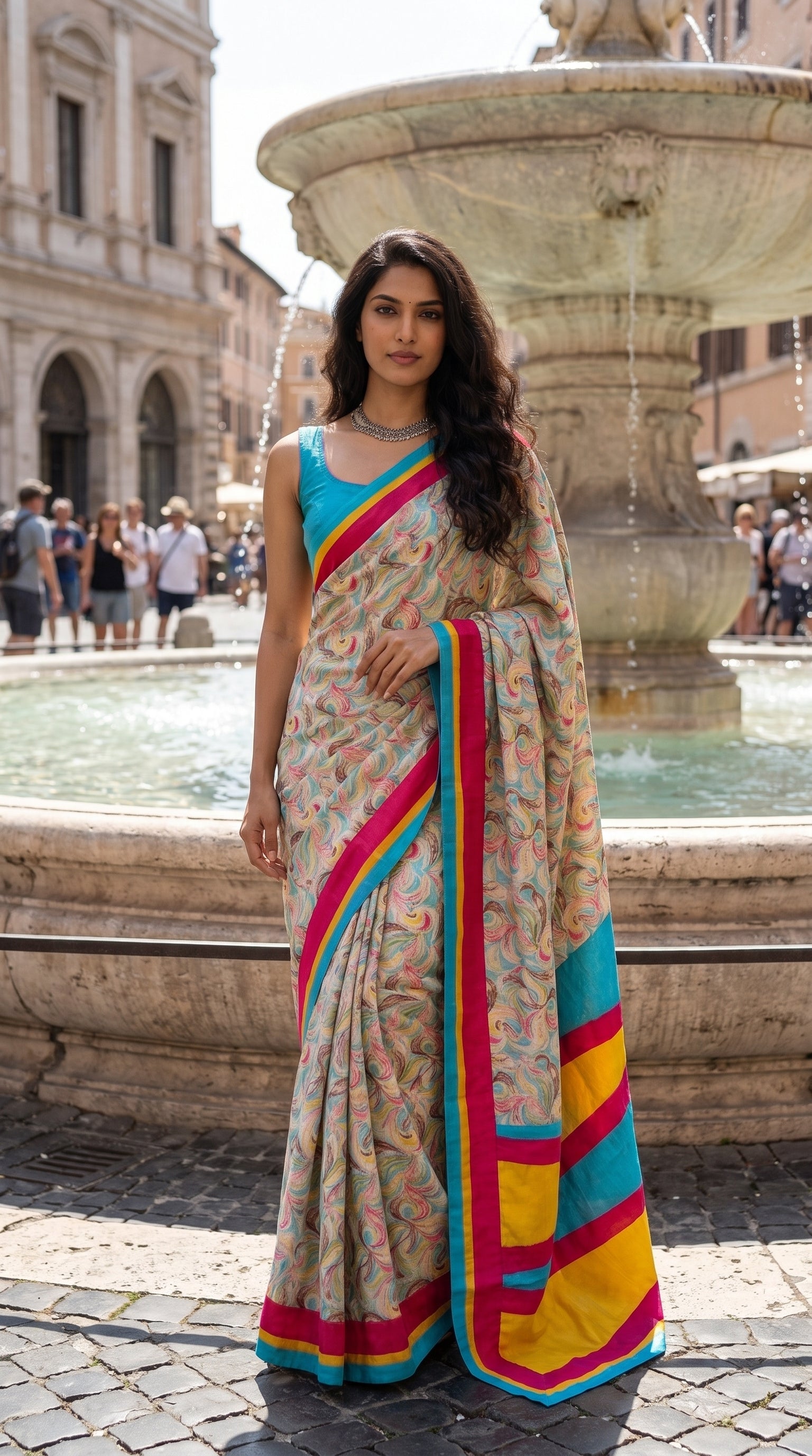A front portrait of a woman standing near a grand historic stone fountain, displaying the sophisticated swirl pattern, clean structured pleats, and bold multi-colored border details of her sky blue pure silk saree