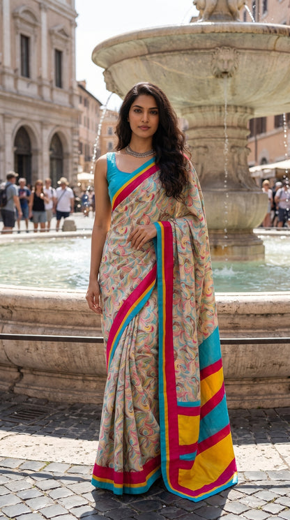 A front portrait of a woman standing near a grand historic stone fountain, displaying the sophisticated swirl pattern, clean structured pleats, and bold multi-colored border details of her sky blue pure silk saree