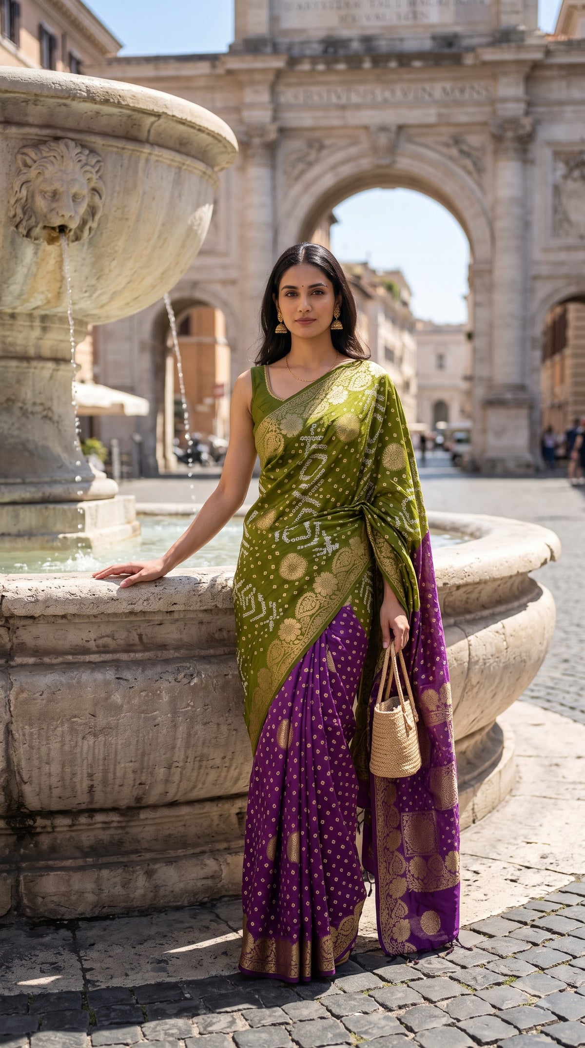 Art Silk with Bandhani - Green & Magenta