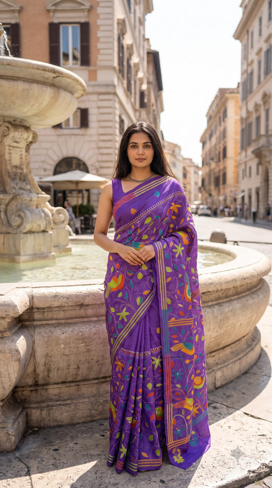 Pure Silk Saree with Kantha-Stitched - Purple