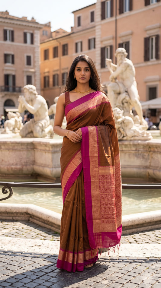 Silk Saree with Pochampally Pallu - Brown