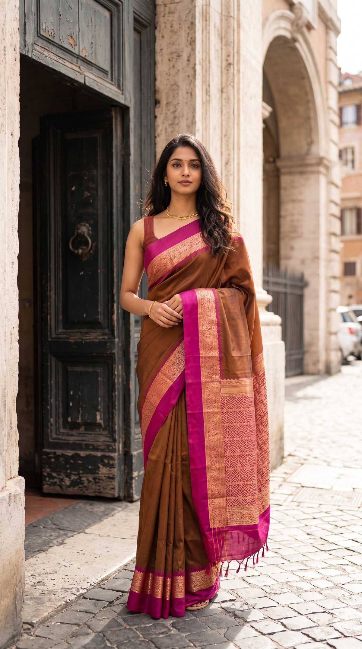 Silk Saree with Pochampally Pallu - Brown
