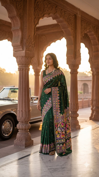 Pure Silk Saree with Kantha-Stitched - Green