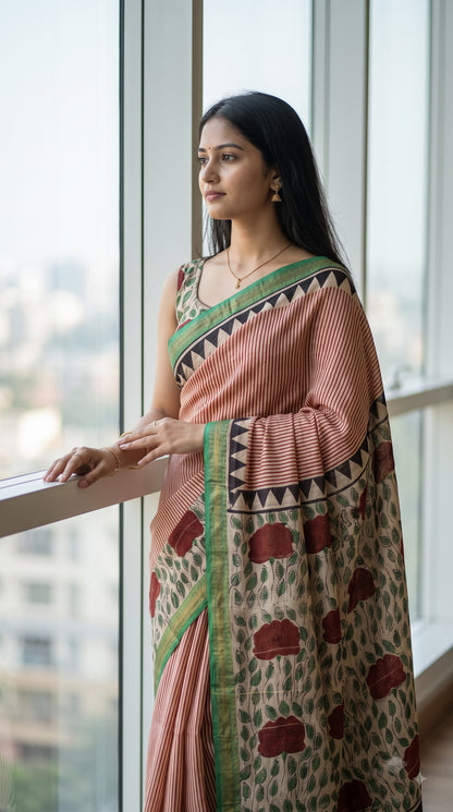 Maheshwari Silk Saree with Stripes - Red & Green