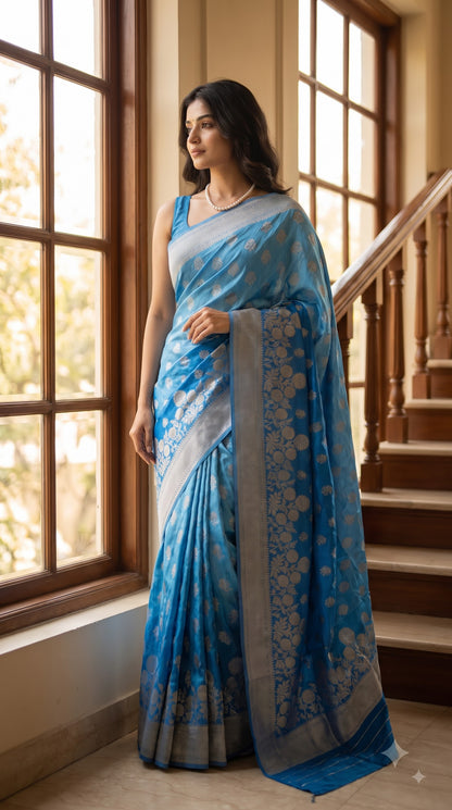 Crepe Silk Saree with Flowered Zari Border-Blue