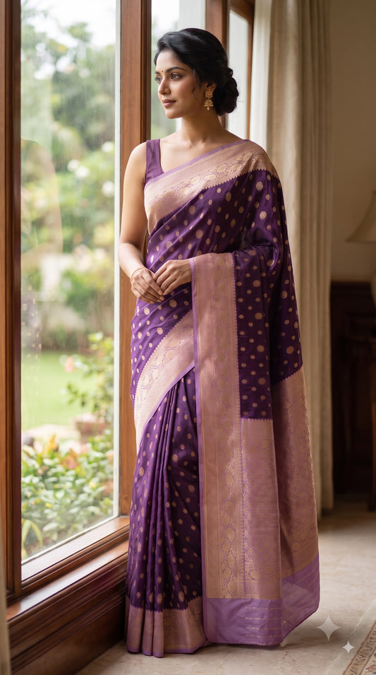 Crepe Banarasi Silk with Contrast Border-Purple
