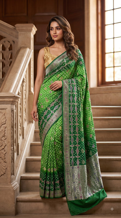 Dhupiyan Silk with Bandhani & Jaal Zari - Green