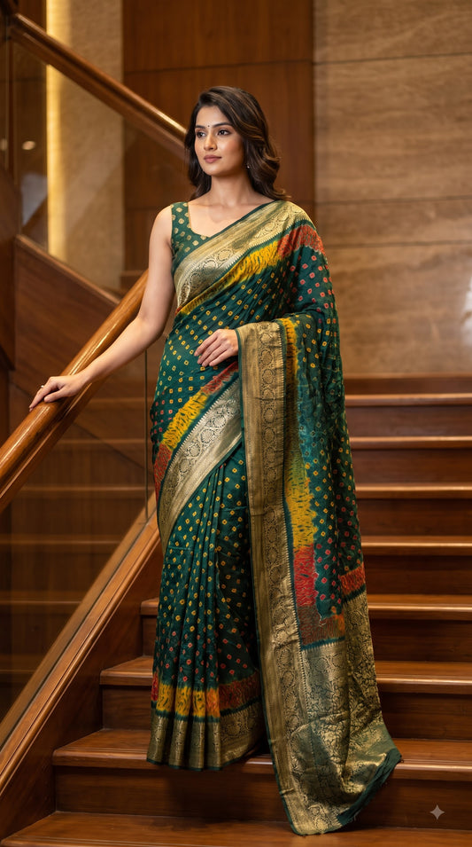 Art Silk Bandhani with Shibori & Zari Border - Rama Green