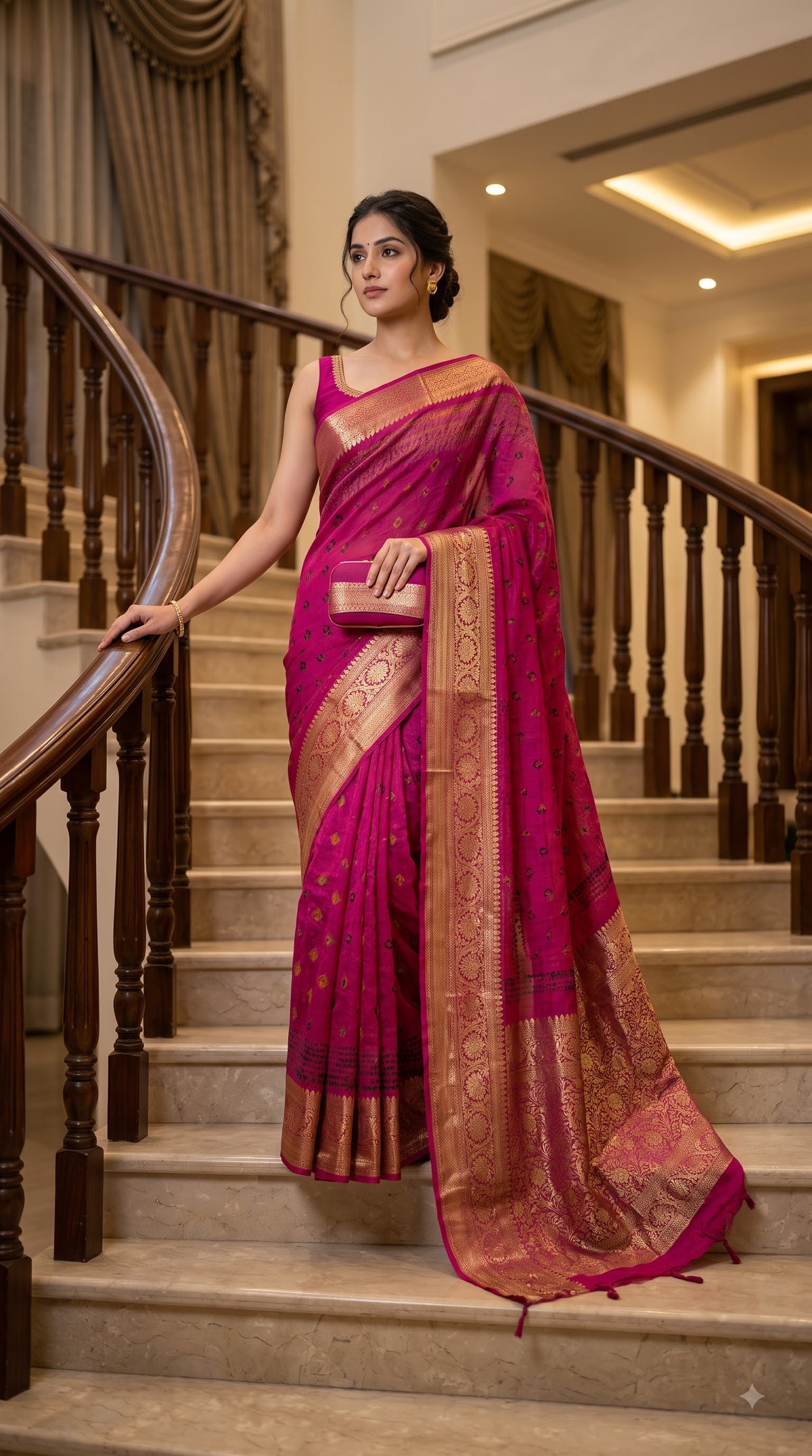 Art Silk Bandhani with Shibori & Zari Border - Magenta