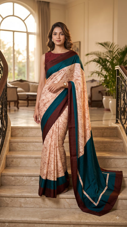 Viscose Silk Saree with Teal & Chocolate Border - Beige