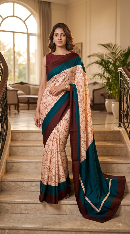 Viscose Silk Saree with Teal & Chocolate Border - Beige