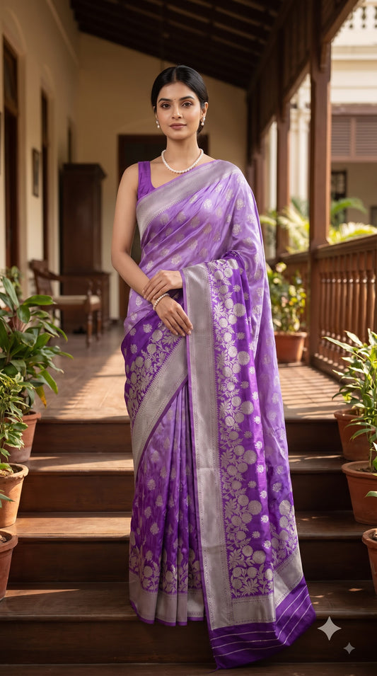 Crepe Silk Saree with Flowered Zari Border-Purple
