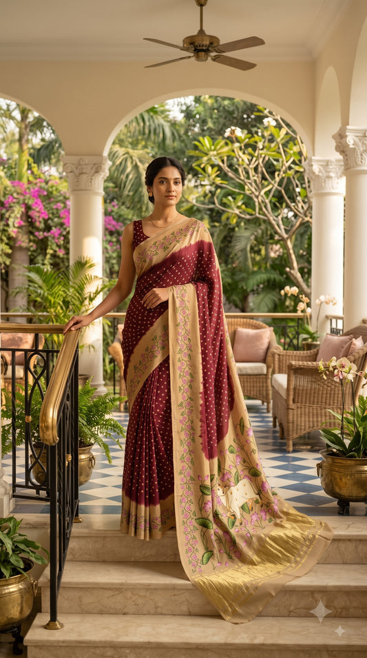 Pure Modal Silk with Bandhani Pichhwai Print Border - Maroon
