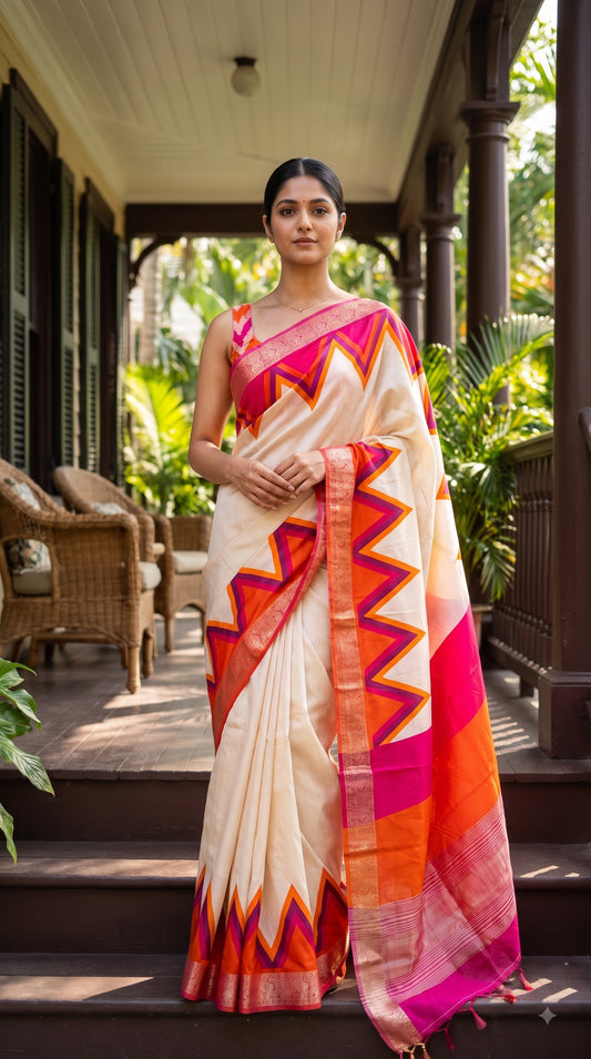 Maheshwari Silk Saree with Ganga Jamuna Border - Beige with Orange