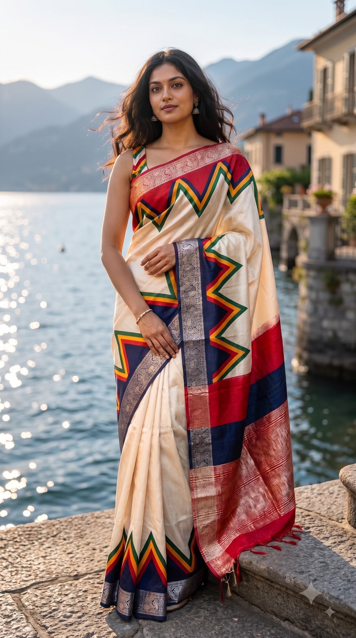 Maheshwari Silk Saree with Ganga Jamuna Border - Beige with Blue