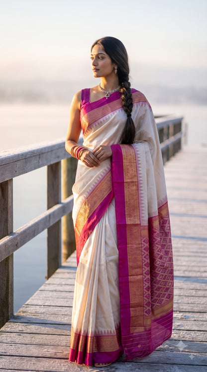 Silk Saree with Pochampally Pallu - White