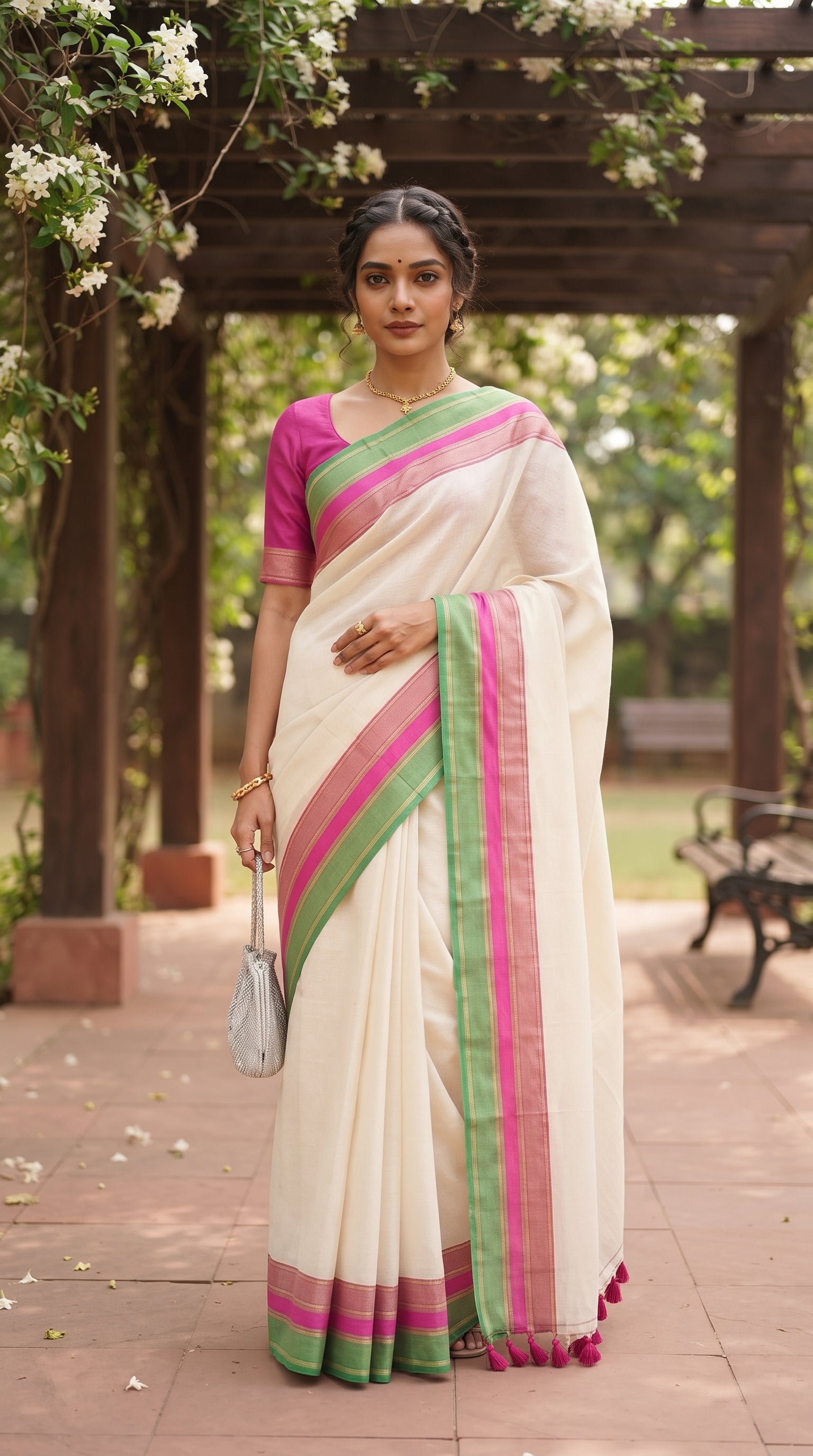 A full-length front portrait of a woman standing beneath a wooden garden pergola, holding a silver beaded bag and displaying her off-white mul cotton saree paired with a matching magenta pink blouse