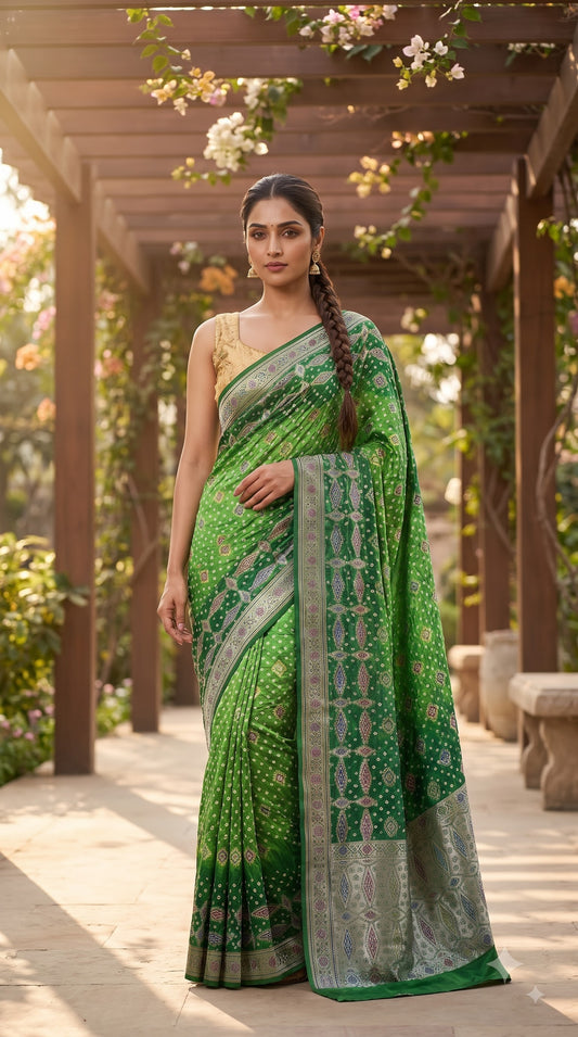 Dhupiyan Silk with Bandhani & Jaal Zari - Green